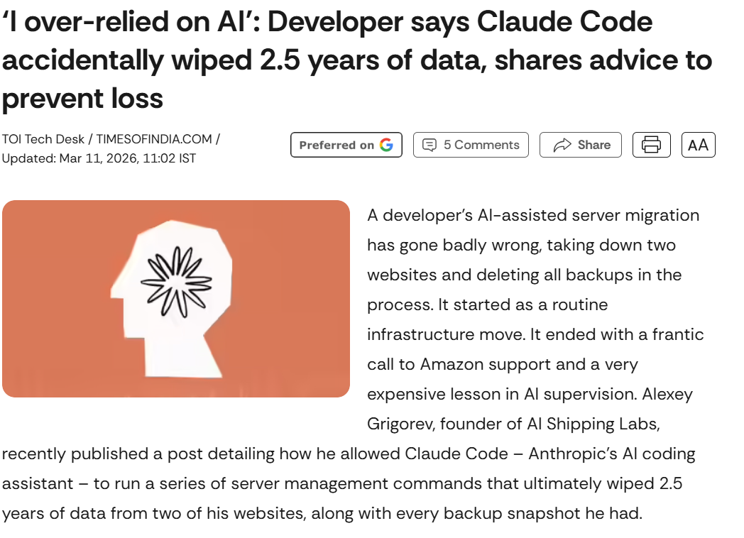 Times of India screenshot about Claude Code wiping 2.5 years of data